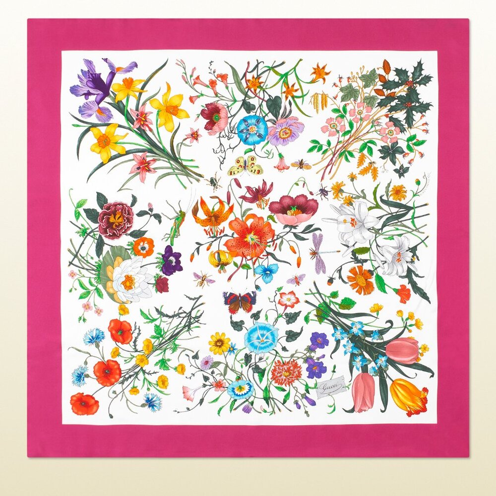 Gucci Silk Wrap Flora Print Logo White Multicolor Pink Border Scarf